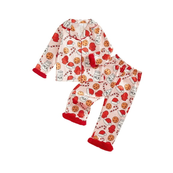 Gzhioc Girls Christmas Pajamas Set Long Sleeve Cookie/Tree Print Fur Cuffs Tops and Pants Set Sleepwear