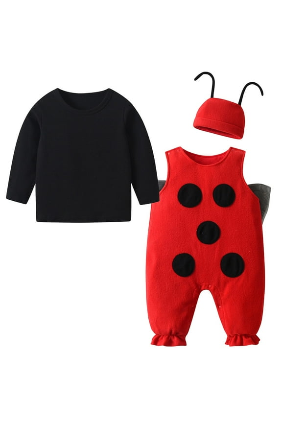 Infant Baby Boy Girl Halloween Animal Clothes Set 3 6 9 12 18 24 Months Bee/Ladybug Long Sleeve Tops + Print Overalls + Hat 3 Pcs Outfits