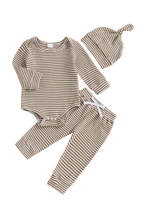 Infant Baby Boys Girls Fall Outfits 0 3 6 9 12 18 Months Striped Crew Neck Long Sleeve Romper Pants and Cap 3 Pcs Set