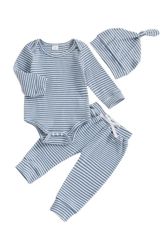 Infant Baby Boys Girls Fall Outfits 0 3 6 9 12 18 Months Striped Crew Neck Long Sleeve Romper Pants and Cap 3 Pcs Set