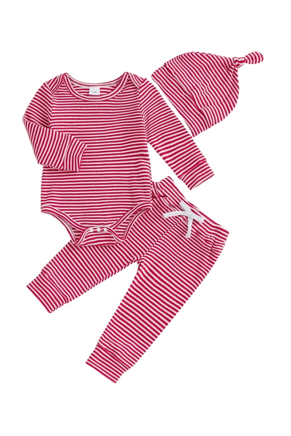 Infant Baby Boys Girls Fall Outfits 0 3 6 9 12 18 Months Striped Crew Neck Long Sleeve Romper Pants and Cap 3 Pcs Set