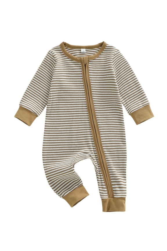 Infant Baby Boys Girls Zip Up Romper Stripe Pattern Long Sleeve Round Neck Full Length Jumpsuit