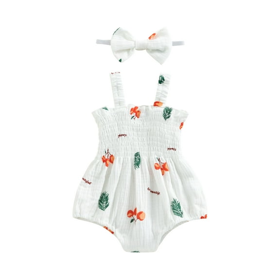Gzhioc Infant Baby Girl 2Pcs Summer Outfits 0 3 6 12 18 Months Sleeveless Cherry/Carrot/Tree Print Romper with Headband