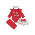 thumbnail image 1 of Gzhioc Infant Baby Girl Fall Outfit 0 3 6 12 18 Months Golf Letter Print Long Sleeve Romper Layered Ruffled Skort Stockings and Bow Headband, 1 of 9