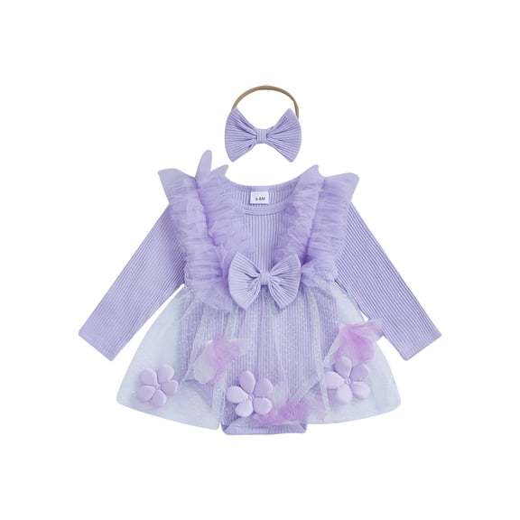 Gzhioc Infant Baby Girl Fall Romper Outfit 0 3 6 12 18 Months 3D Flower Mesh Ruffle Long Sleeve Ribbed Romper Dress Bow Headband 2 Piece Set