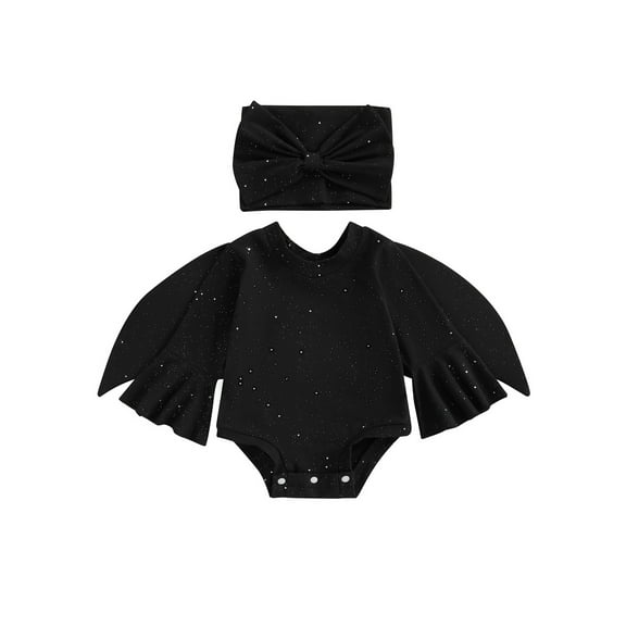 Gzhioc Infant Baby Girl Halloween Clothes Set Glitter Batwing Long Sleeve Romper with Bow Headband 2 Piece Halloween Outfit