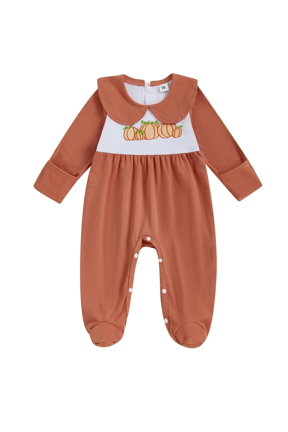 Infant Baby Girl Halloween Fall Romper 0 3 6 12 18 Months Pumpkin Embroidered Doll Collar Jumpsuit