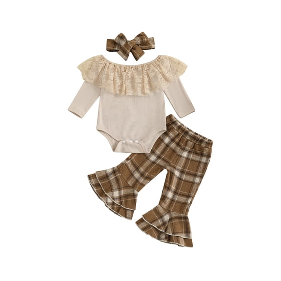 Gzhioc Infant Baby Girl Spring Fall Outfit 0 3 6 12 18 Months Lace Trim Long Sleeve Ribbed Romper Plaid Flare Pants and Headband 3 Piece Set