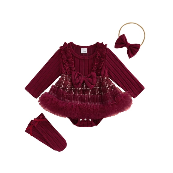 Gzhioc Infant Baby Girl Spring Romper Dress 1 3 6 9 12 18 Months Long Sleeve Round Neck Tweed Patchwork Romper Dress with Headband and Long Socks