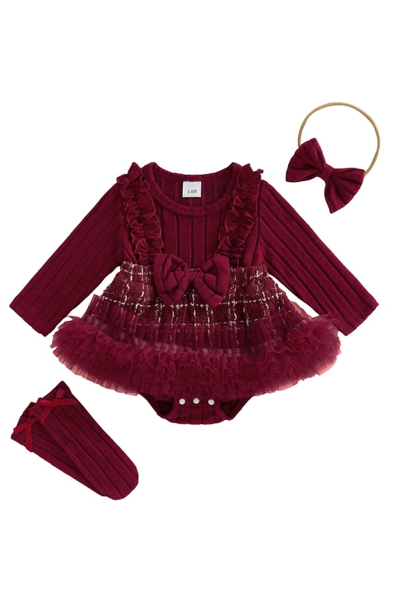 Infant Baby Girl Spring Romper Dress 1 3 6 9 12 18 Months Long Sleeve Round Neck Tweed Patchwork Romper Dress with Headband and Long Socks