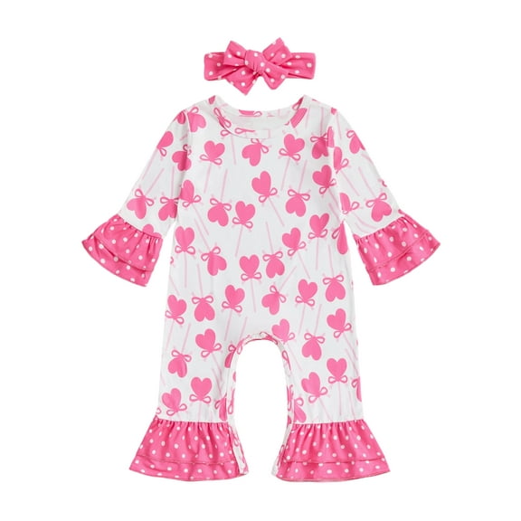 Gzhioc Infant Baby Girls 2 Piece Fall Outfits 0 3 6 12 18 Months Cute Long Sleeve Round Neck Heart Bow Print Full Length Jumpsuit with Headband
