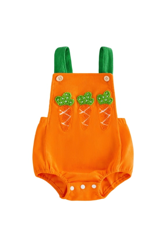 Infant Baby Girls Boys Easter Romper 0 3 6 12 18 Months Sleeveless Embroidery Carrot Bodysuit Overalls