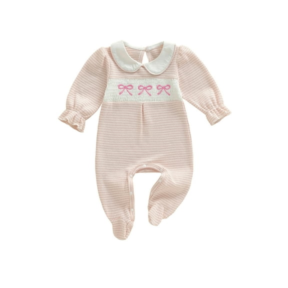 Gzhioc Infant Baby Girls Fall Footed Romper 0 3 6 12 18 Months Long Sleeve Doll Collar Bow Embroidery Striped Waffle Full Length Jumpsuit