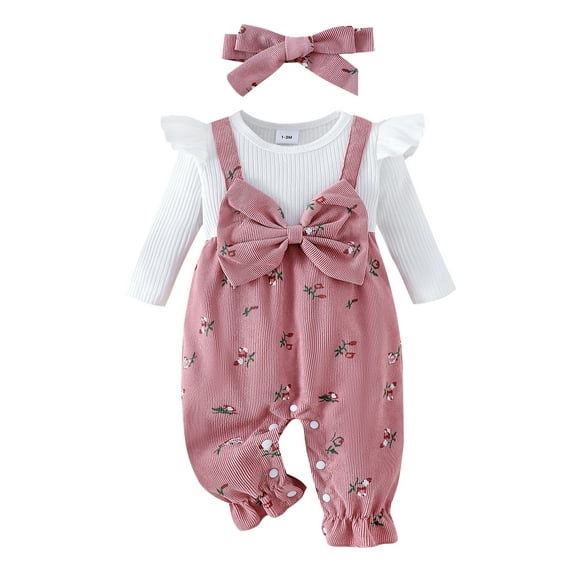 Gzhioc Infant Baby Girls Fall Long Sleeve Romper 1 3 6 9 12 18 Months Floral Print Fake Two Pieces Patchwork Bow Jumpsuits and Cute Headband Set