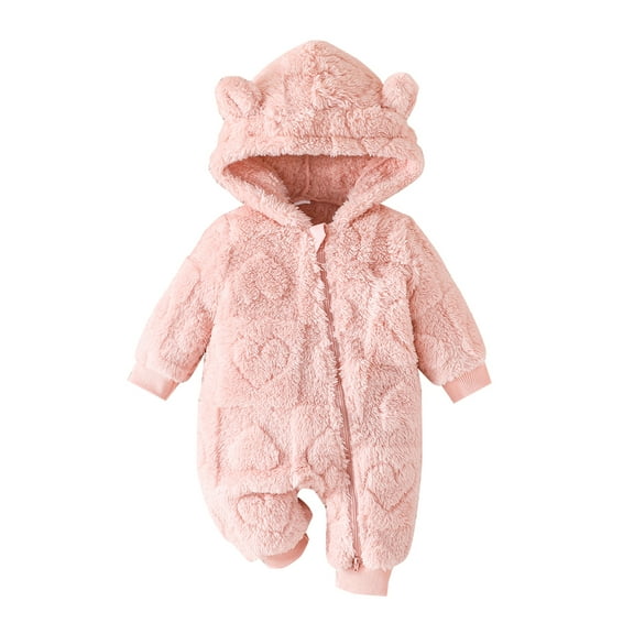 Gzhioc Infant Baby Girls Fall Winter Romper 0 3 6 9 12 18 Months Solid Color Plush Hooded Jumpsuits