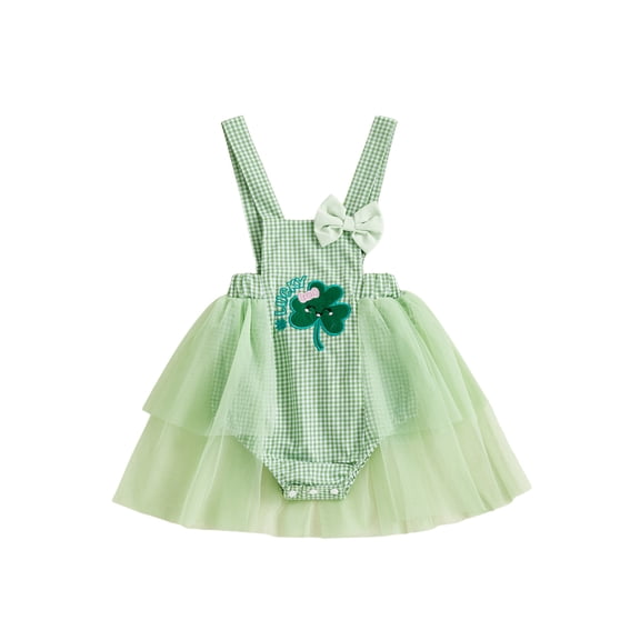 Gzhioc Infant Baby Girls Irish Day Plaid Romper 0 3 6 12 18 Months Sleeveless Letter Clover Embroidery Tulle Patchwork Romper