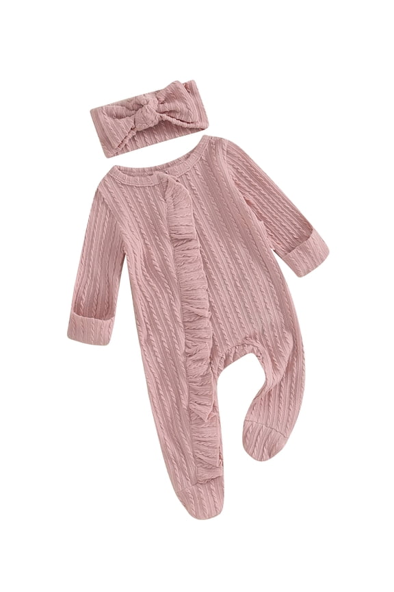 Infant Baby Girls Spring Autumn Jumpsuit 0 3 6 12 Months Long Sleeve Crew Neck Solid Color Ruffle Romper with Headband