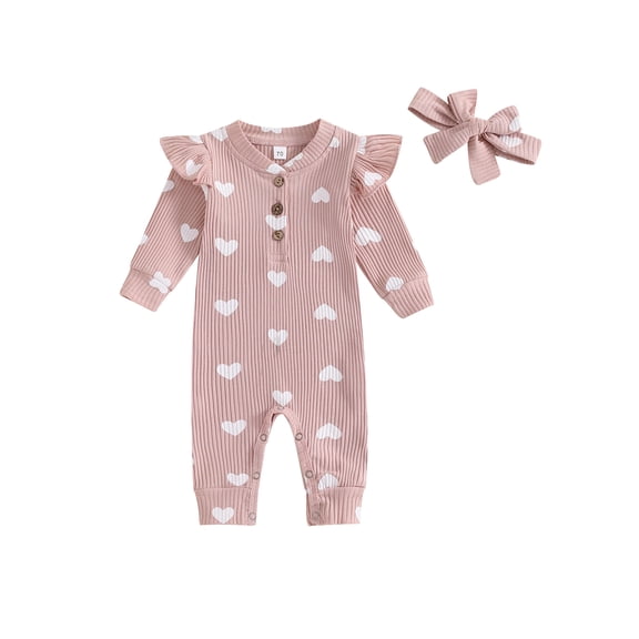 Gzhioc Infant Baby Girls Spring Fall Romper 0 3 6 12 18 Months Heart Print Long Sleeve Crew Neck Romper and Bow Knot Headdress