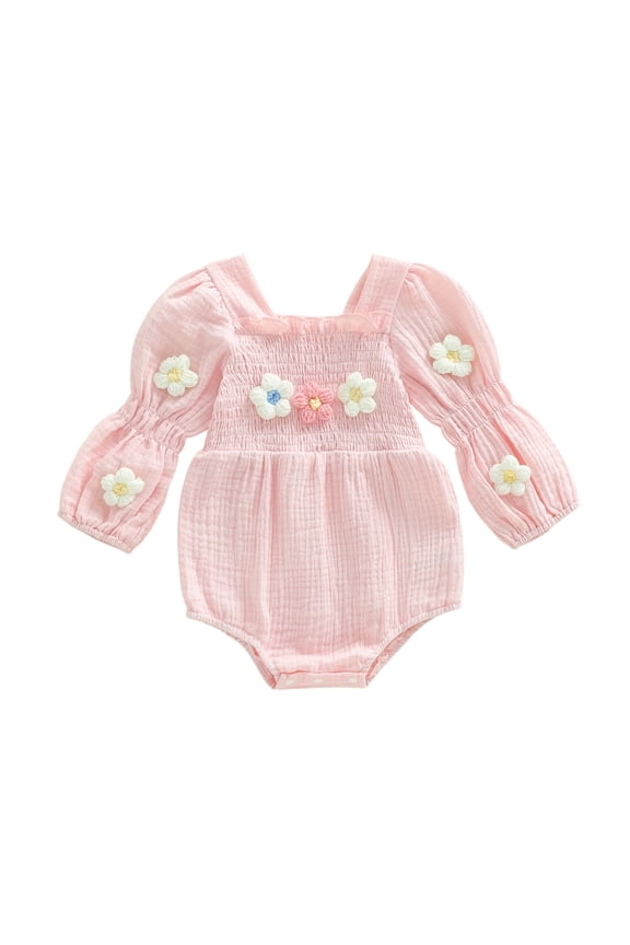 Infant Baby Girls Spring Fall Rompers 0 3 6 12 18 Months Floral Embroidery Long Puff Sleeve Square Collar Jumpsuit