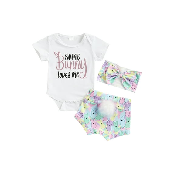 Gzhioc Infant Baby Girls Summer Casual Suit, Short Sleeve Letter Printed Romper Tops+Printed Rabbit Tail Shorts+Headband
