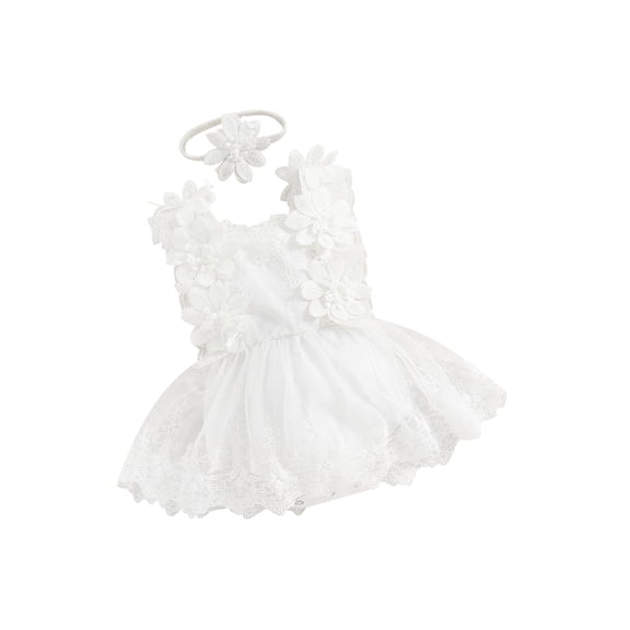 Gzhioc Infant Baby Girls Summer Romper 0 3 6 12 18 Months Sleeveless Square Neck Floral Lace Casual Party Street Bodysuit Tops Head Band