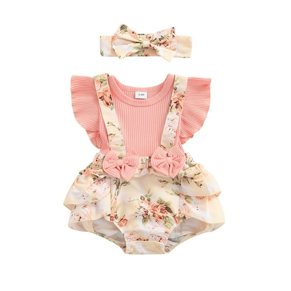 Gzhioc Infant Baby Girls Summer Romper 0 3 6 9 12 18 Months Pink Floral Printed Pattern Fly Sleeves Romper and Bow Knot Headdress