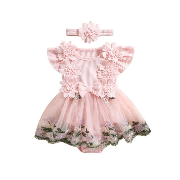 Gzhioc Infant Baby Girls Summer Rompers Dress 0 3 6 12 18 24 Months Round Neck Floral Embroidery Mesh Skirt Hem Jumpsuits with Headband