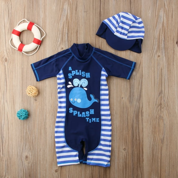 Gzhioc Kids Baby Boys Zip-up One Piece Beach Swimsuit Sun Protection with Sun Hat Quick Dry