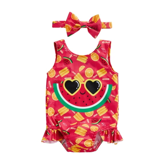 Gzhioc Kids Girls Cute Casual Swimwear Romper, Cartoon Printed Sleeveless Ruffled Beachwear Bodysuit