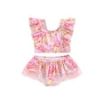 thumbnail image 1 of Gzhioc Kids Girls Fashion Casual Swimsuit, Sleeveless Backless Printed Ruffled Tops+Mesh Patchwork Panties, 1 of 8