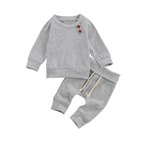 Gzhioc Newborn Baby Autumn Clothes Set Solid Color Ribbed Knit Long Sleeve Tops+Drawstring Long Pants Infant 2Pcs Casual Outfits,0-24 Months
