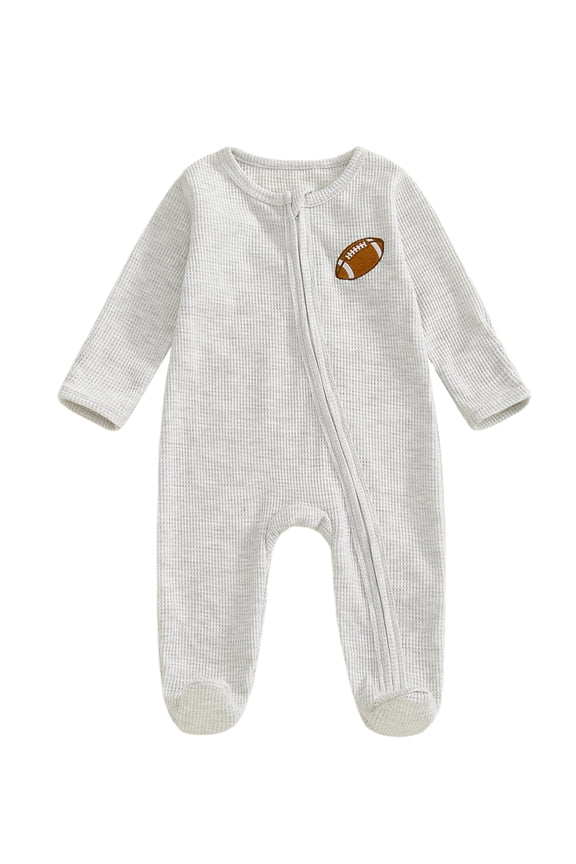 Newborn Baby Boy Footed Romper Football Embroidery Long Sleeve Round Neck Zip Jumpsuit