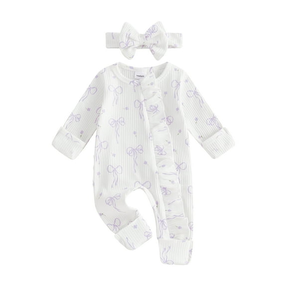Gzhioc Newborn Baby Girl Fall Outfit 0 3 6 Months Bow Print Long Sleeve Full Length Zipper Front Ribbed Jumpsuit Bow Headband 2Pcs Set