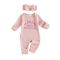 thumbnail image 1 of Gzhioc Newborn Baby Girl Fall Romper Bow Letter Embroidered Waffle Knit Long Sleeve Jumpsuit with Matching Headband 2 Piece Set, 1 of 9