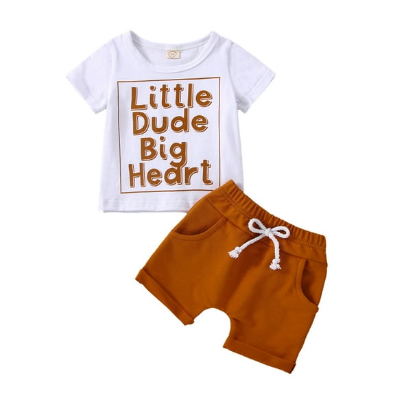 Gzhioc Newborn Boy Short Pants Outfits, Short Sleeve Letter Printed Crew Neck T-Shirt + Elastic Waist Tie-Up Shorts Set,White/Brown/Grey