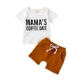 thumbnail image 1 of Gzhioc Newborn Boy Short Pants Outfits, Short Sleeve Letter Printed Crew Neck T-Shirt + Elastic Waist Tie-Up Shorts Set,White/Brown/Grey, 1 of 9