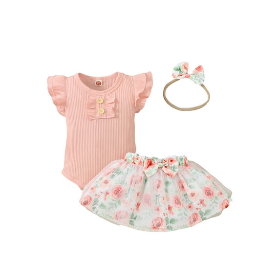 Gzhioc Newborn Girls Three-Piece Casual Outfits, Flying Sleeve Round Neck Bodysuit + Floral Pattern Mesh Skirt + Decorative Headband