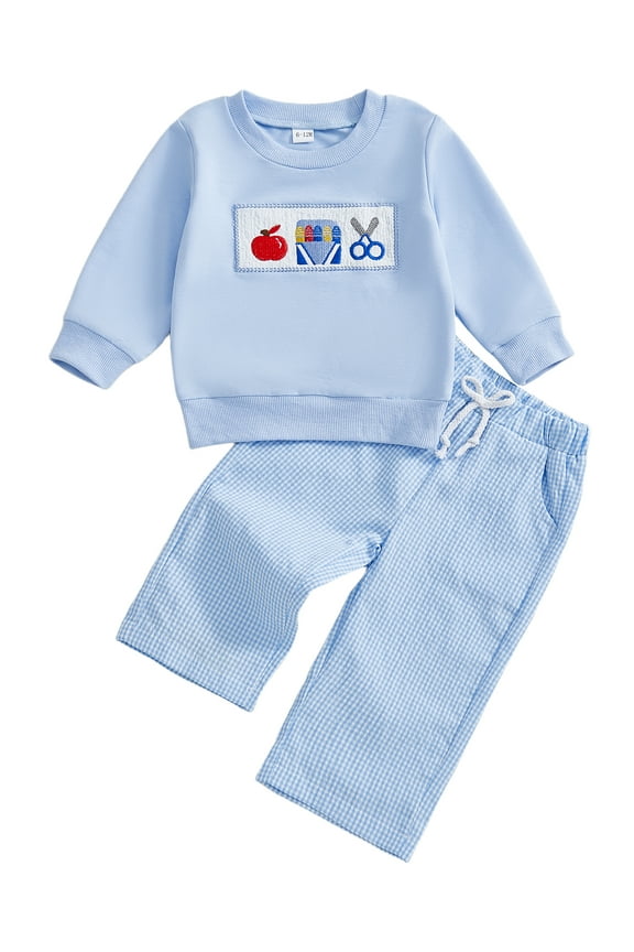 Toddler Baby Boy Fall Back to School Outfit 6 12 18 24 Months 2T 3T 4T Long Sleeve Apple Embroidery Sweatshirt Clothes Set