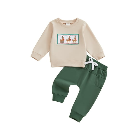 Gzhioc Toddler Baby Boys Christmas Fall Clothing Set 0 6 12 18 24 Months 2T 3T Crew Neck Embroidery Gingerbread Man/Elk Sweatshirt with Sweatpants