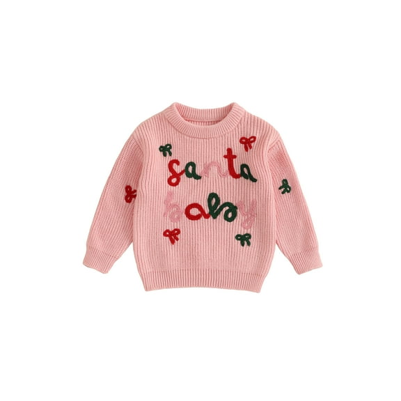 Gzhioc Toddler Baby Girl Christmas Sweaters 0 6 12 18 24 Months 2T 3T Long Sleeve Round Neck Letter Bow Embroidery Tops Sweatshirts