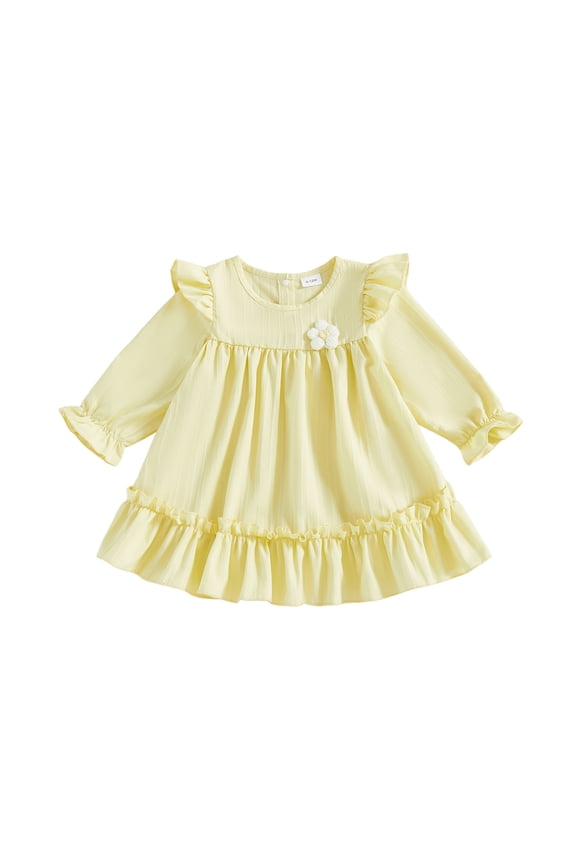 Toddler Baby Girl Fall Dress 6 9 12 18 24 Months 2T 3T Floral Round Neck Long Sleeves Cute Ruffled A Line Dress