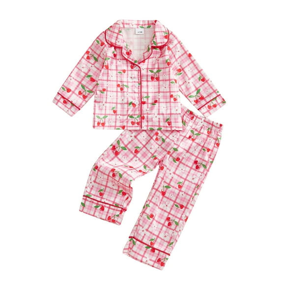 Gzhioc Toddler Baby Girl Fall Pajama Set 6 12 18 24 Months 2T 3T 4T Flower/Bow/Cherry Print Button Down Lapel V Neck Long Sleeve Tops and Pants
