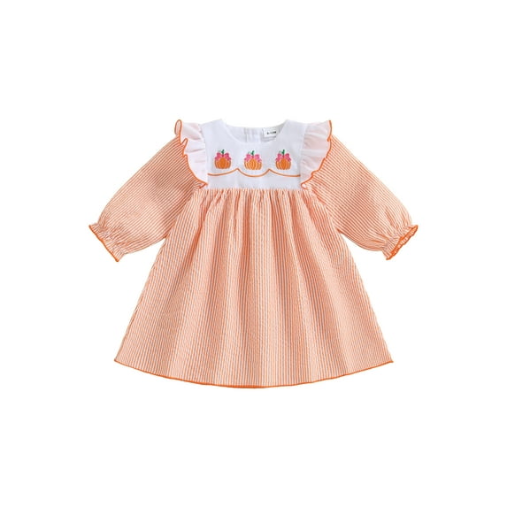 Gzhioc Toddler Baby Girl Halloween Striped Dress 6 12 18 24 Months 2T 3T 4T Pumpkin/Ghost Embroidered Ruffle Long Sleeve A-line Dress