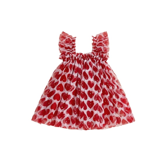 Gzhioc Toddler Baby Girl Sleeveless Summer Dress 6 12 18 24 Months 2T 3T 4T Ruffled Straps Red Heart Print Sequin Embellishments Suspender A Line Tulle Dress
