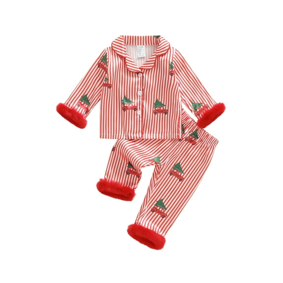 Gzhioc Toddler Baby Girls Christmas Pajamas Set 6 12 18 24 Months 2T 3T 4T Feather Cuffs Stripe Button up Long Sleeves Shirt and Elastic Pants