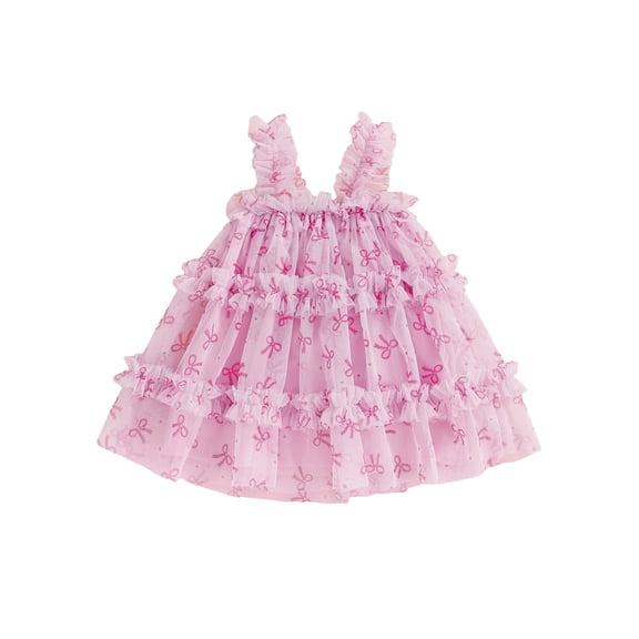 Gzhioc Toddler Baby Girls Summer Sleeveless Tulle Dress 6 12 18 24 Months 2T 3T 4T Bow Patterns Layered Ruffles Suspender A Line Dress