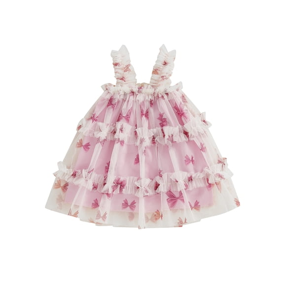 Gzhioc Toddler Baby Girls Summer Sleeveless Tulle Dress 6 12 18 24 Months 2T 3T 4T Bow Patterns Layered Ruffles Suspender A Line Dress