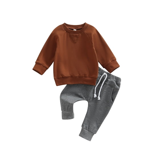 Gzhioc Toddler Boys 2pcs Activewear Outfits Solid Color Long Sleeve Sweatshirt T-shirt and Elastic Casual Pants Suit,0-3 Years