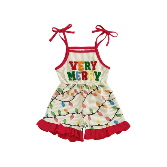 Gzhioc Toddler Girls Christmas Shorts Overalls Letter Embroidery Lights String Print Tie Shoulder Ruffled Jumpsuit