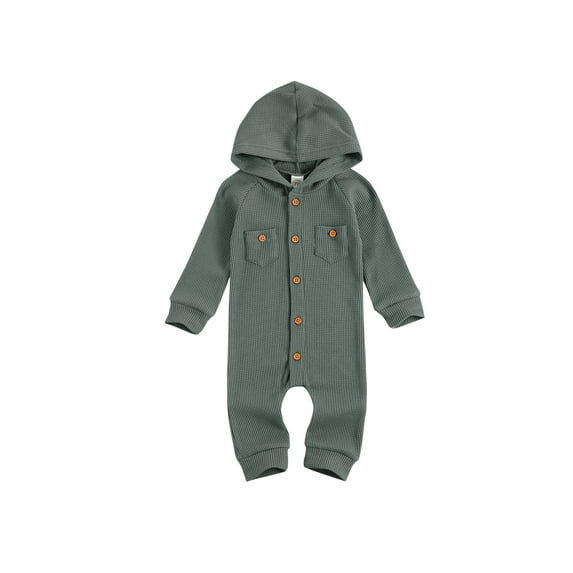 Gzhioc Winter Newborn Baby Boy Girl Solid Romper Unisex Infants Hooded Outfit Clothes Waffle Cotton Button Jumpsuits,0-24 Months